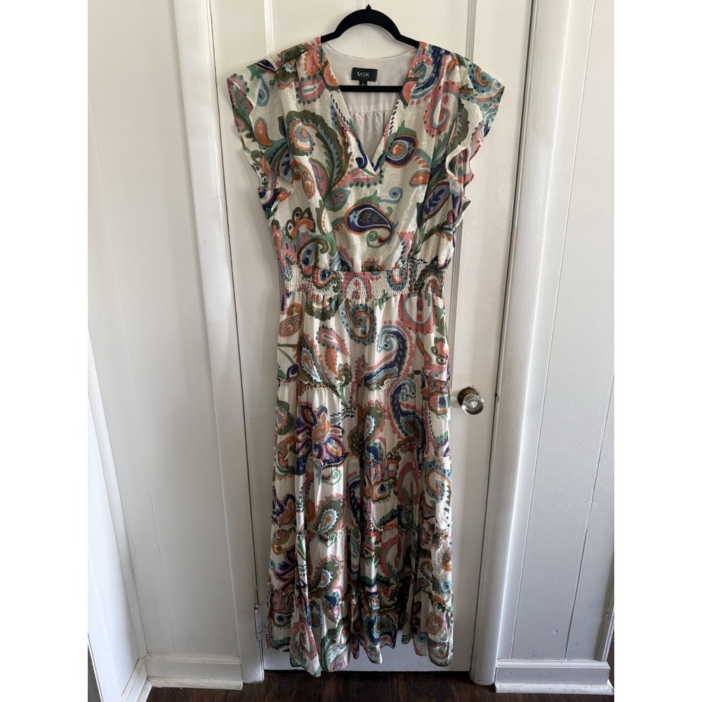 MSK Split Neck Flutter-Sleeve Tiered Maxi Dress Size L  Multi Paisley Print